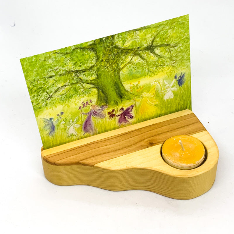 handmade wooden tea light and postcard holder