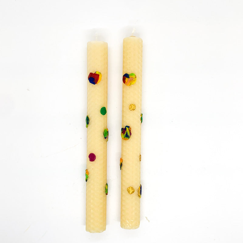 Maplerose Handmade DECORATED Honeycomb Beeswax Taper Candles Set of 2
